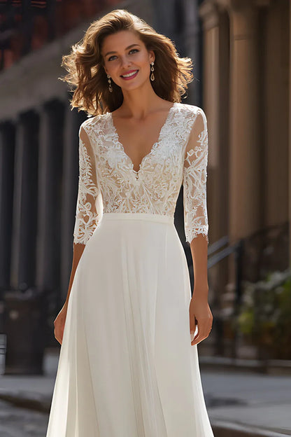 Pretty A-Line V-Neck Half Sleeves Chiffon Sweep Train Wedding Dress