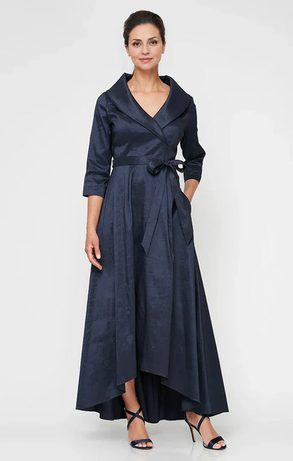 Pretty A-Line V Neck Long Sleeve Satin Floor-Length Mother of the Bride Dress