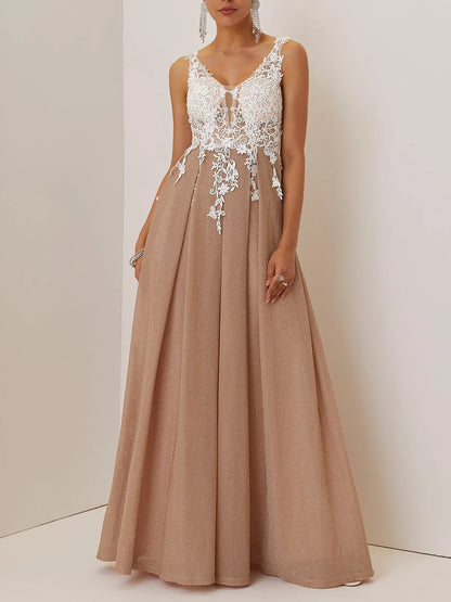 Pretty A-Line V Neck Sleeveless V Back Floor-Length Evening Dress