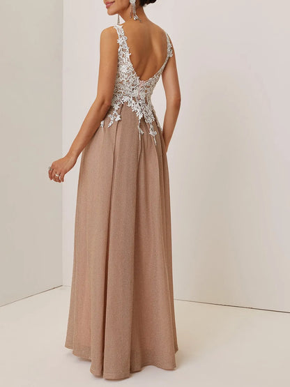 Pretty A-Line V Neck Sleeveless V Back Floor-Length Evening Dress