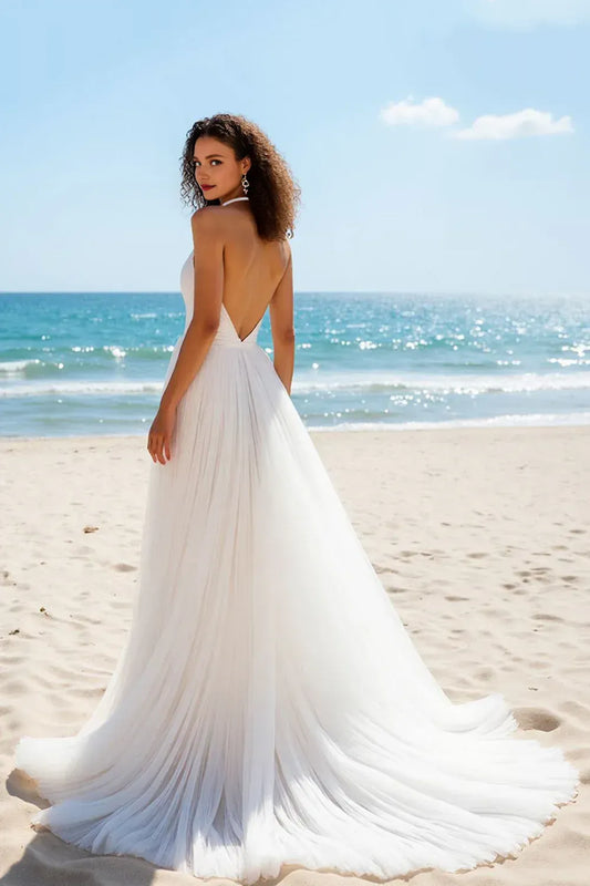 Pretty A Line Halter Neck Sleeveless Tulle Sweep Train Wedding Dress
