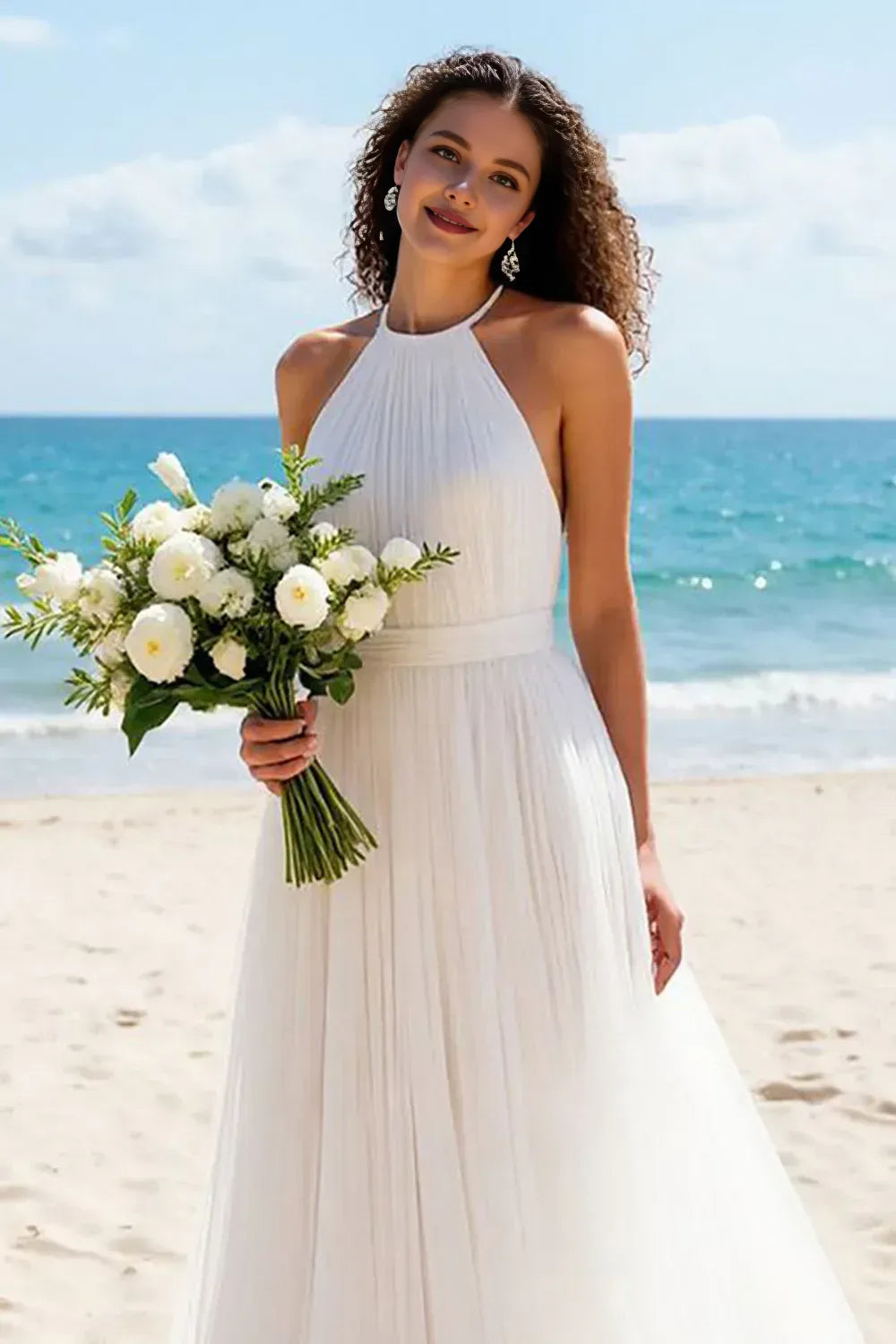 Pretty A Line Halter Neck Sleeveless Tulle Sweep Train Wedding Dress