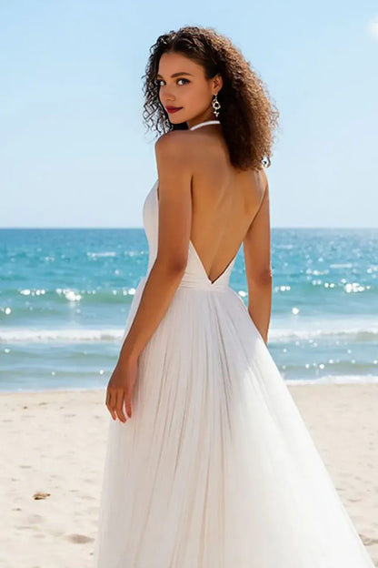 Pretty A Line Halter Neck Sleeveless Tulle Sweep Train Wedding Dress
