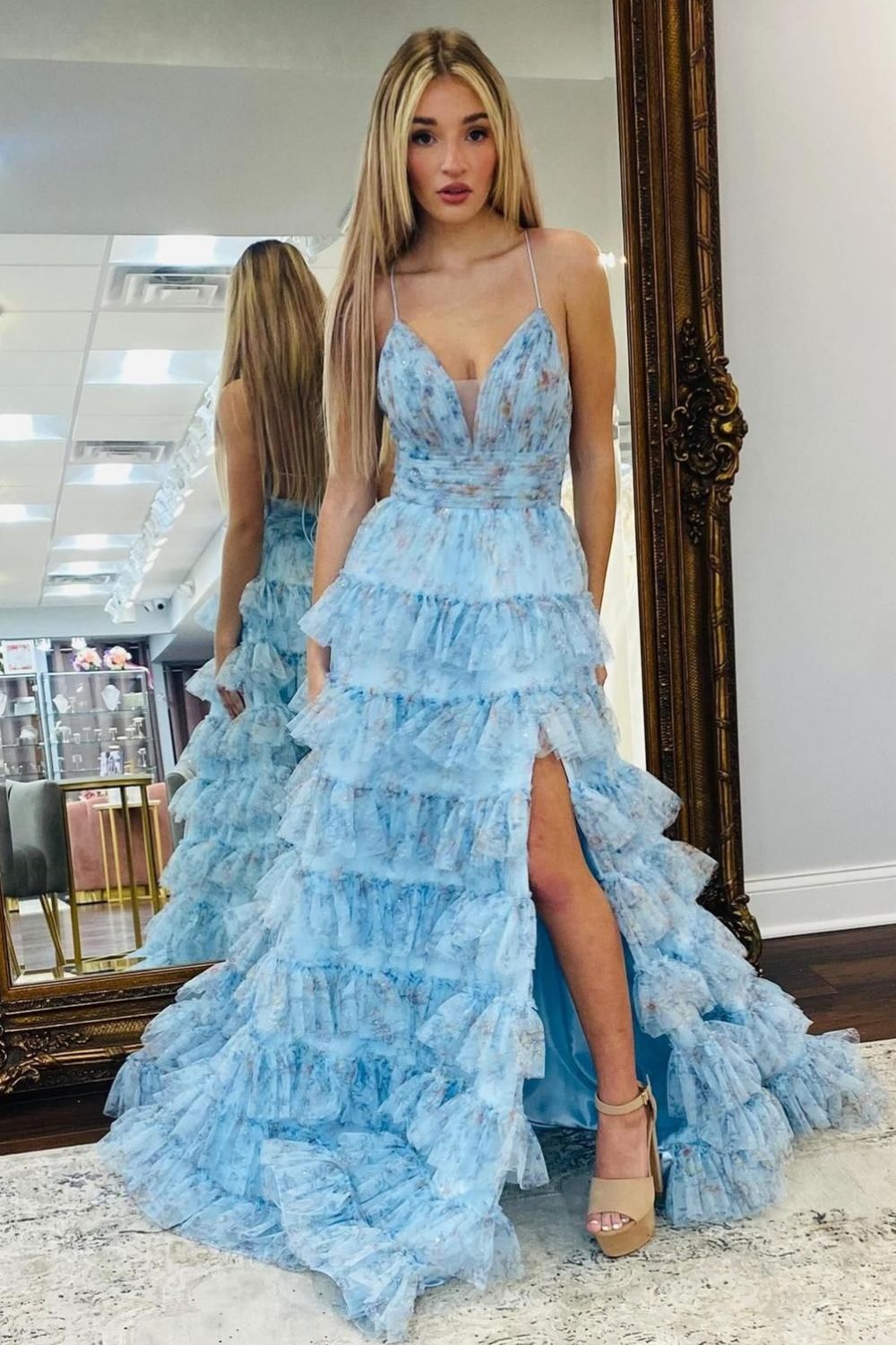 Pretty A Line Spaghetti Straps Long Print Tulle Prom Dress with Split
