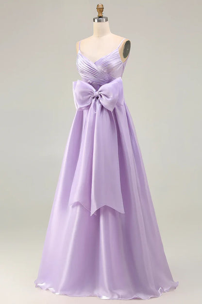 Pretty A Line Spaghetti Straps Sleeveless Satin Bowed Floor-Length Prom Dress