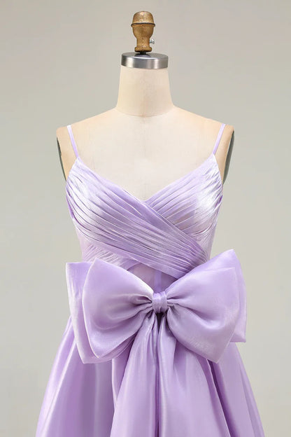 Pretty A Line Spaghetti Straps Sleeveless Satin Bowed Floor-Length Prom Dress