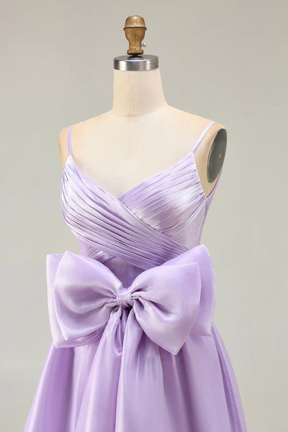 Pretty A Line Spaghetti Straps Sleeveless Satin Bowed Floor-Length Prom Dress