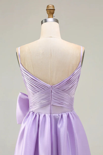 Pretty A Line Spaghetti Straps Sleeveless Satin Bowed Floor-Length Prom Dress