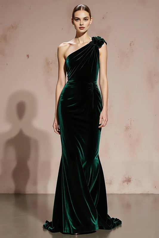 Pretty Mermaid/Trumpet One Shoulder Sleeveless Velvet Sweep/Brush Train Prom Dress