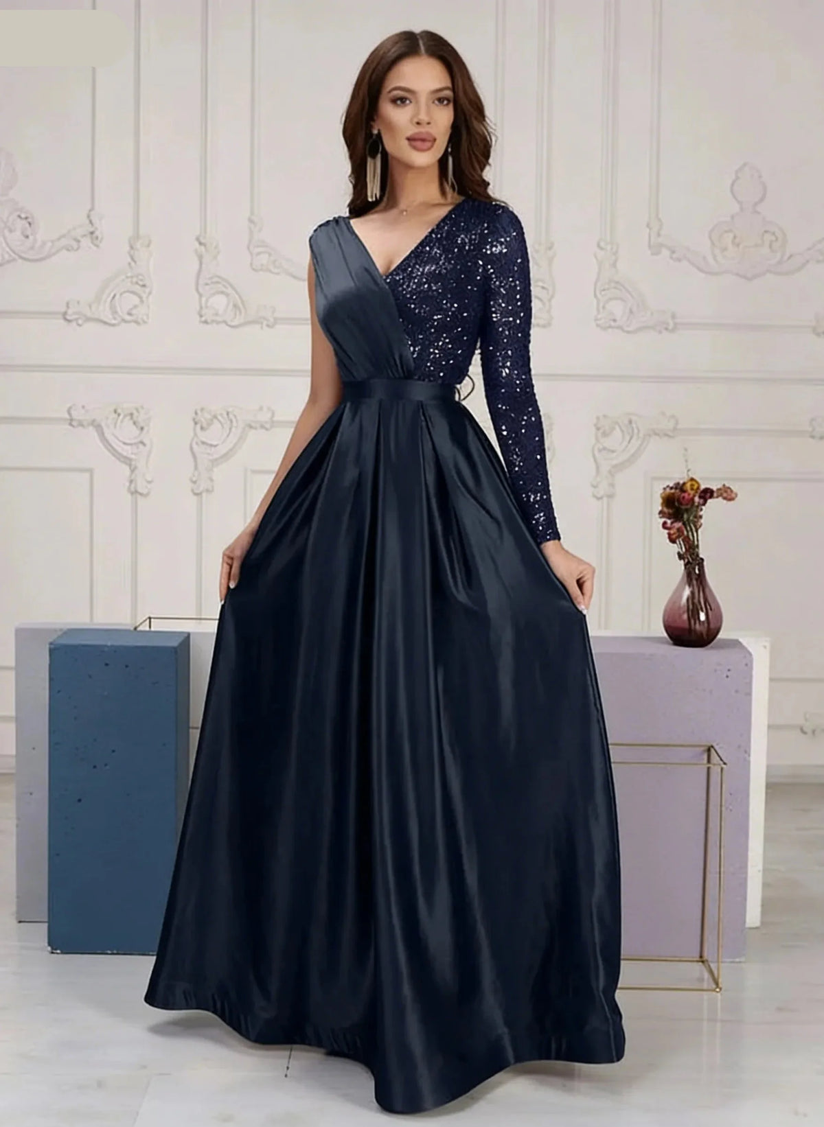 Graceful V-Neck Long Sleeves A-Line Sequins Satin Long Prom Dress