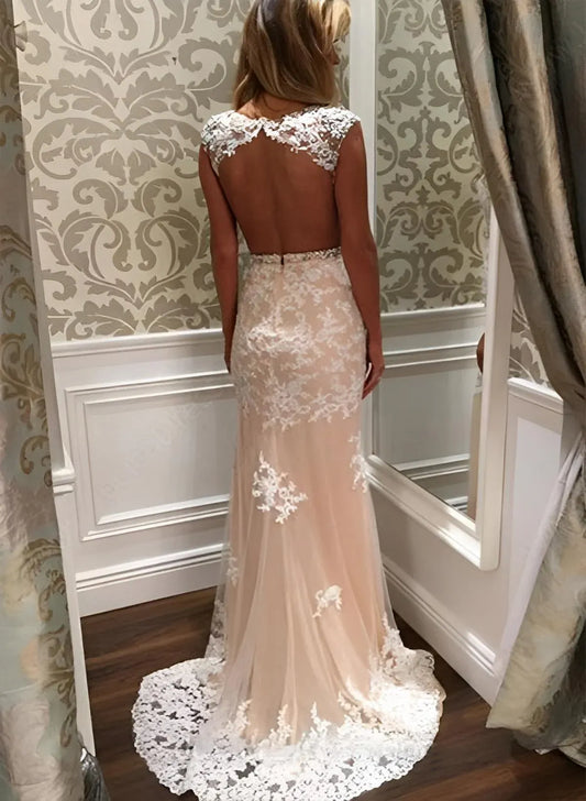 Pretty Scoop Neck Sleeveless Sheath Appliques Lace Sweep Train Wedding Dress