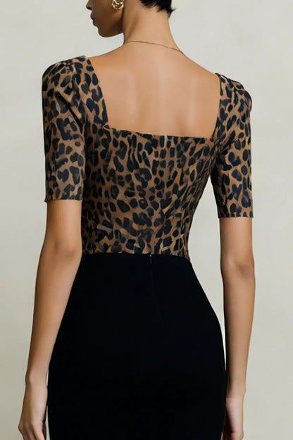 Pretty Sheath Square Neck Short Sleeve Leopard Print Tea-Length Prom Dress