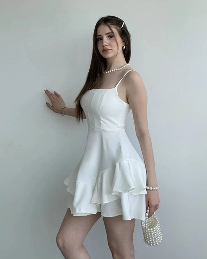 Pretty Spaghetti Straps Sleeveless A Line Satin Ruffles Short-Mini Homecoming Dress