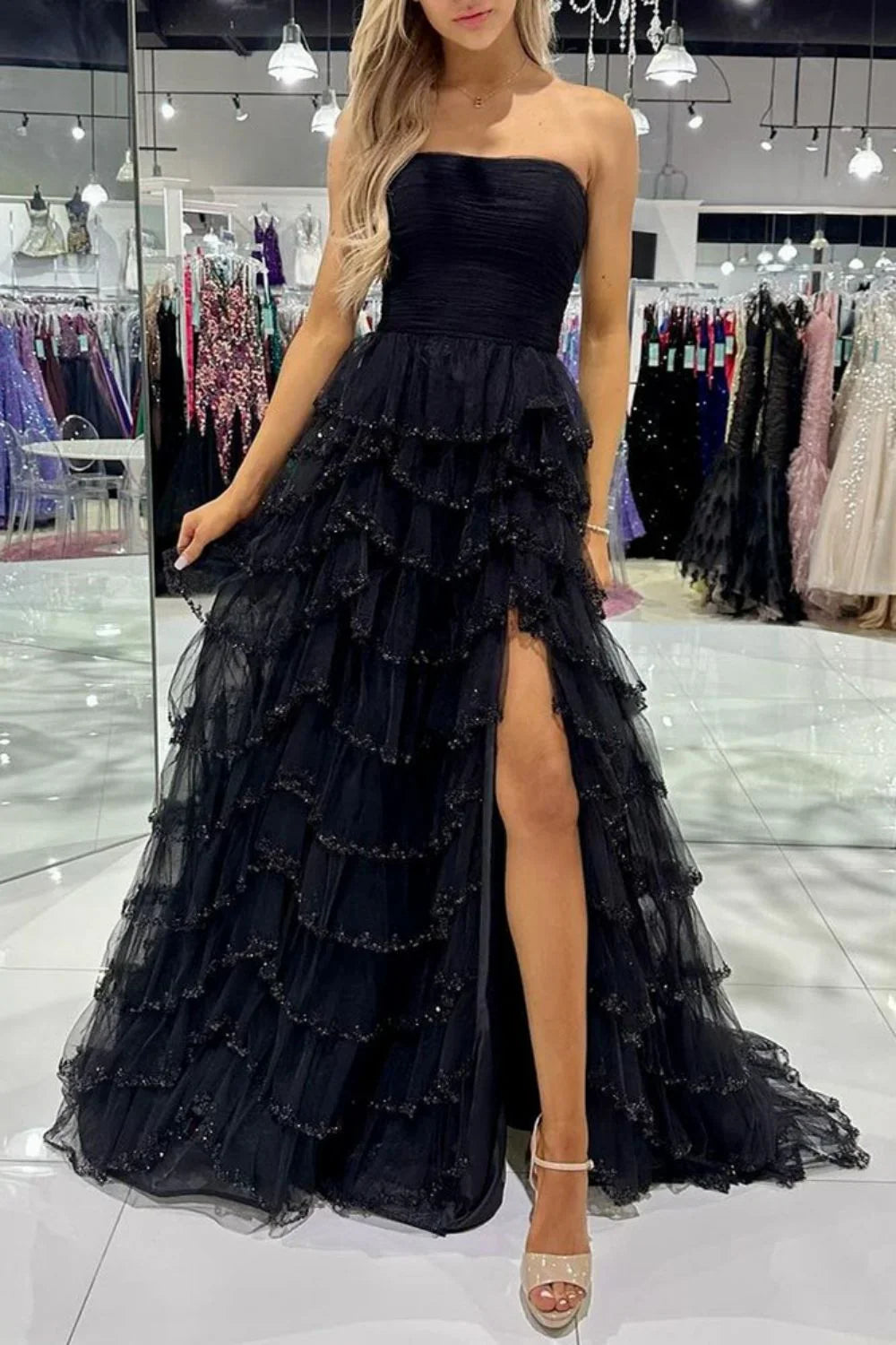 Princess A Line Strapless Multi Layer Long Prom Dress with Ruffles