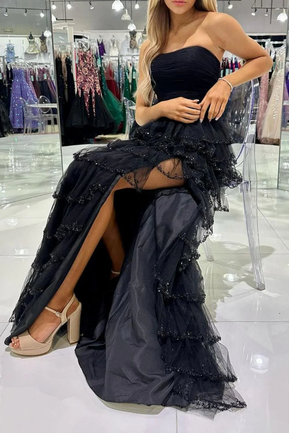 Princess A Line Strapless Multi Layer Long Prom Dress with Ruffles