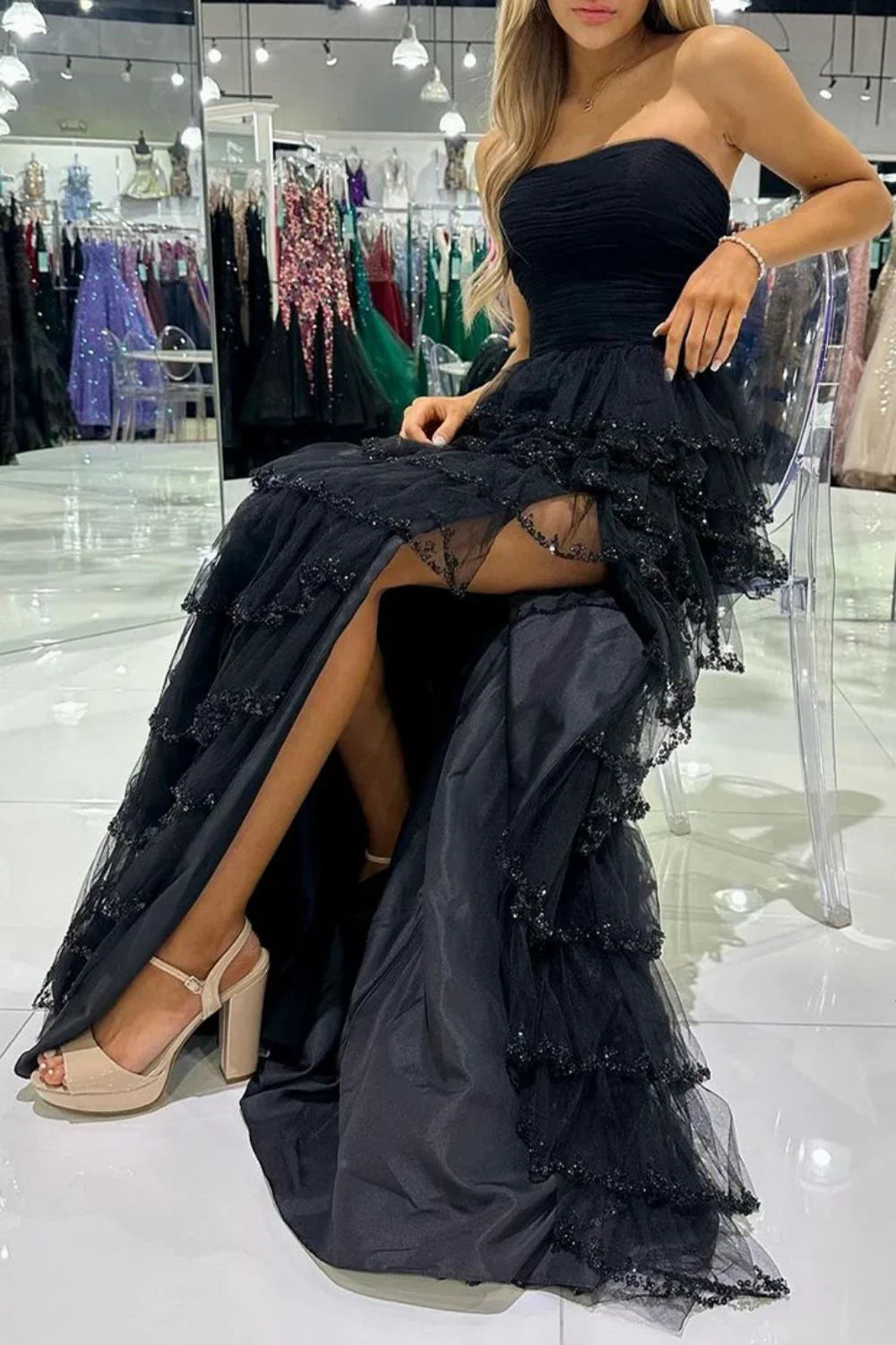 Princess A Line Strapless Multi Layer Long Prom Dress with Ruffles