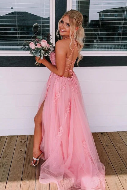 A-line Lace Up Back Prom Dress Backless With Applique
