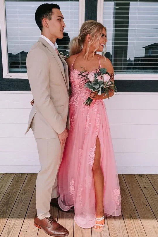 A-line Lace Up Back Prom Dress Backless With Applique