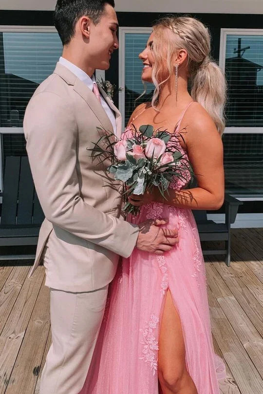 A-line Lace Up Back Prom Dress Backless With Applique