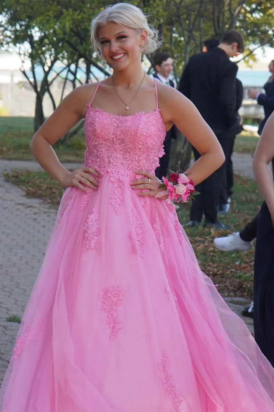 A-line Lace Up Back Prom Dress Backless With Applique