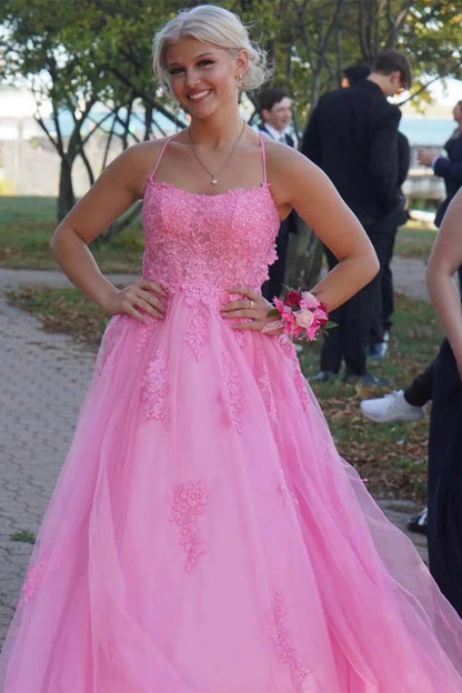 A-line Lace Up Back Prom Dress Backless With Applique