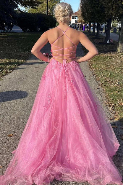 A-line Lace Up Back Prom Dress Backless With Applique