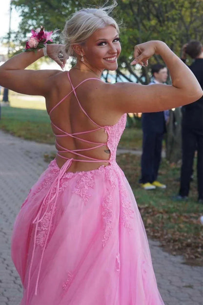 A-line Lace Up Back Prom Dress Backless With Applique
