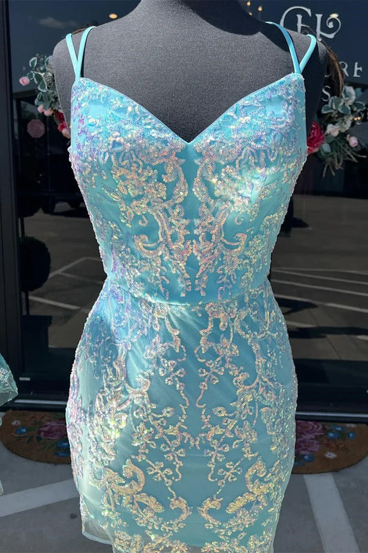 Sequin Lace Short Cocktail Homecoming Dress with Spaghetti Straps