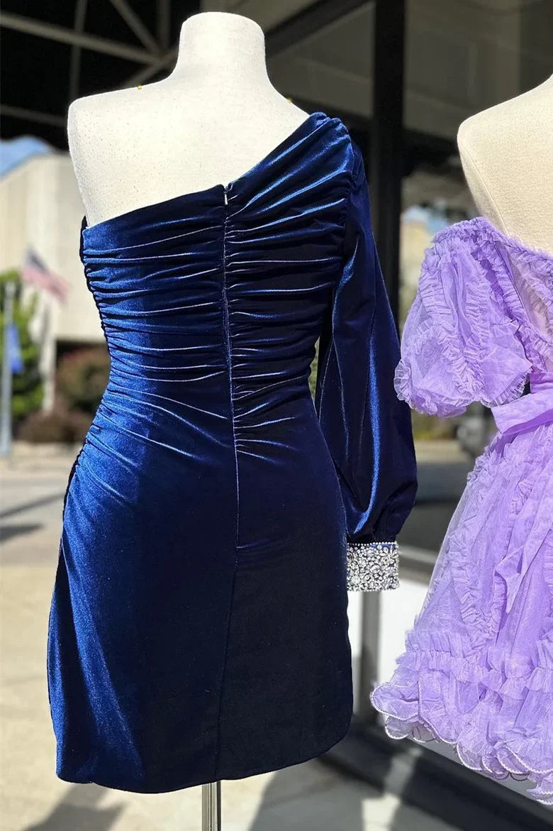 Velvet One-Sleeve Short Cocktail Homecoming Dress