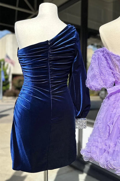 Velvet One-Sleeve Short Cocktail Homecoming Dress