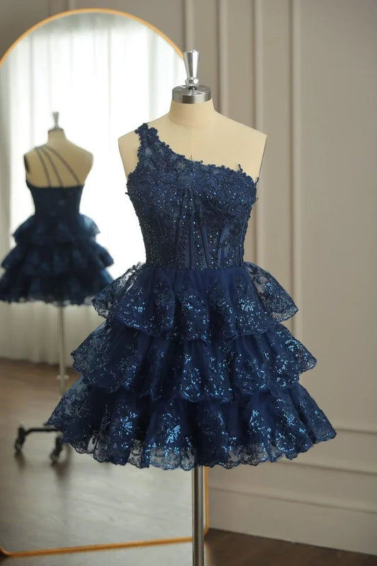 One Shoulder Appliques Multi-Layers Tulle Homecoming Prom Dress