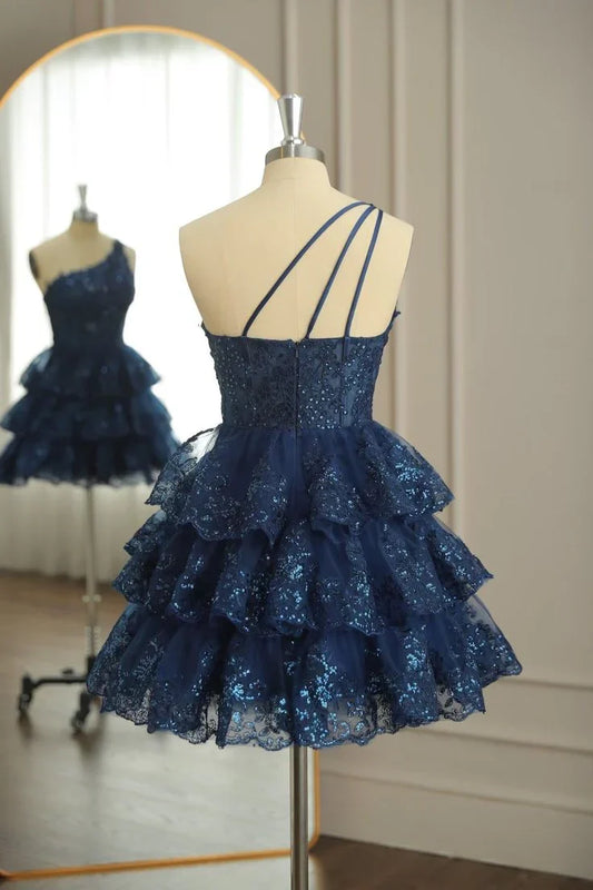 One Shoulder Appliques Multi-Layers Tulle Homecoming Prom Dress