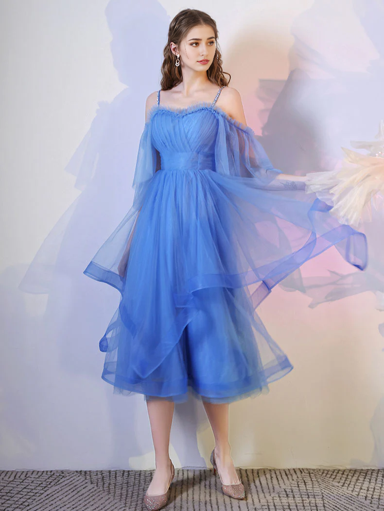 Simple Puffy Spaghetti Straps Tulle Short Prom Dress