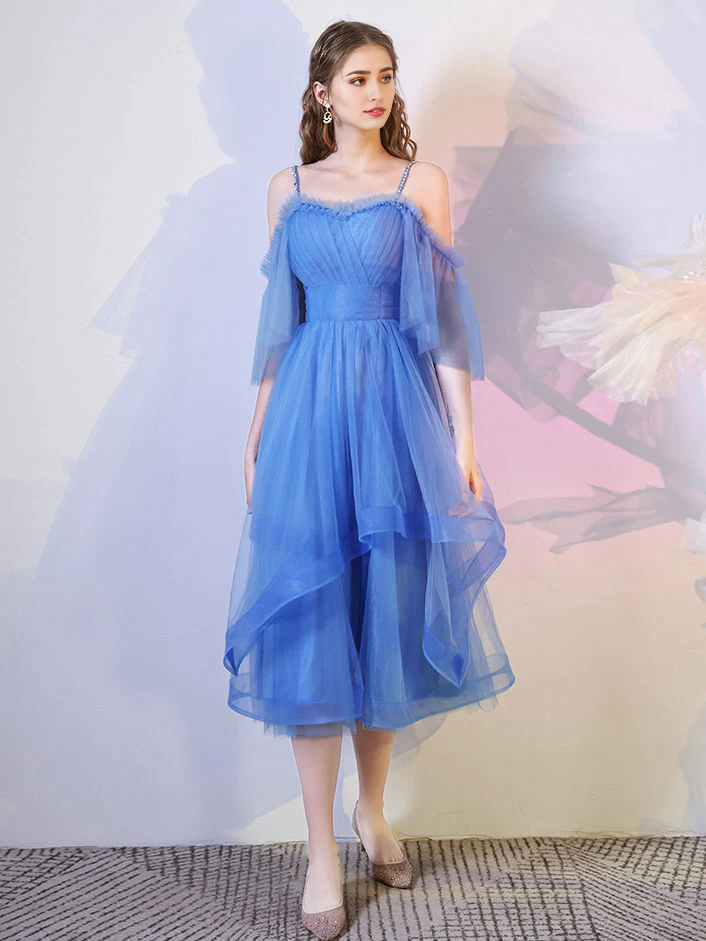 Simple Puffy Spaghetti Straps Tulle Short Prom Dress