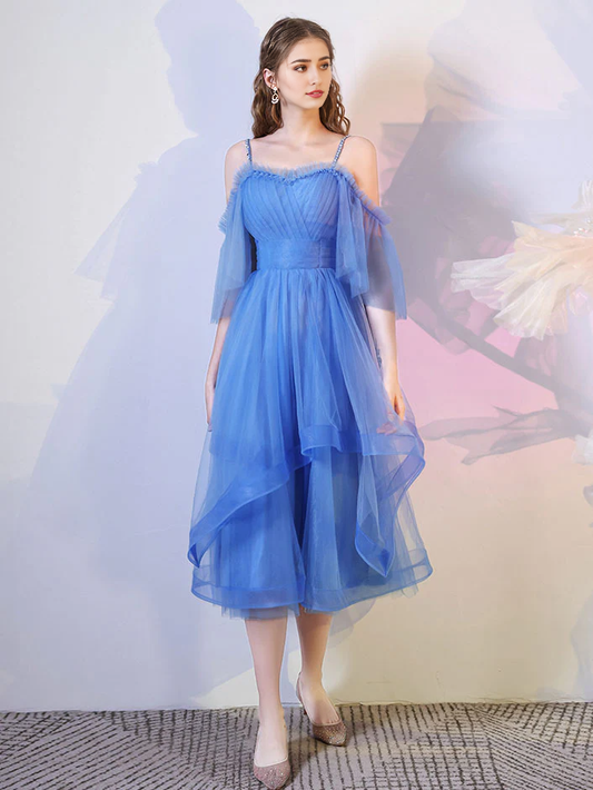 Simple Puffy Spaghetti Straps Tulle Short Prom Dress
