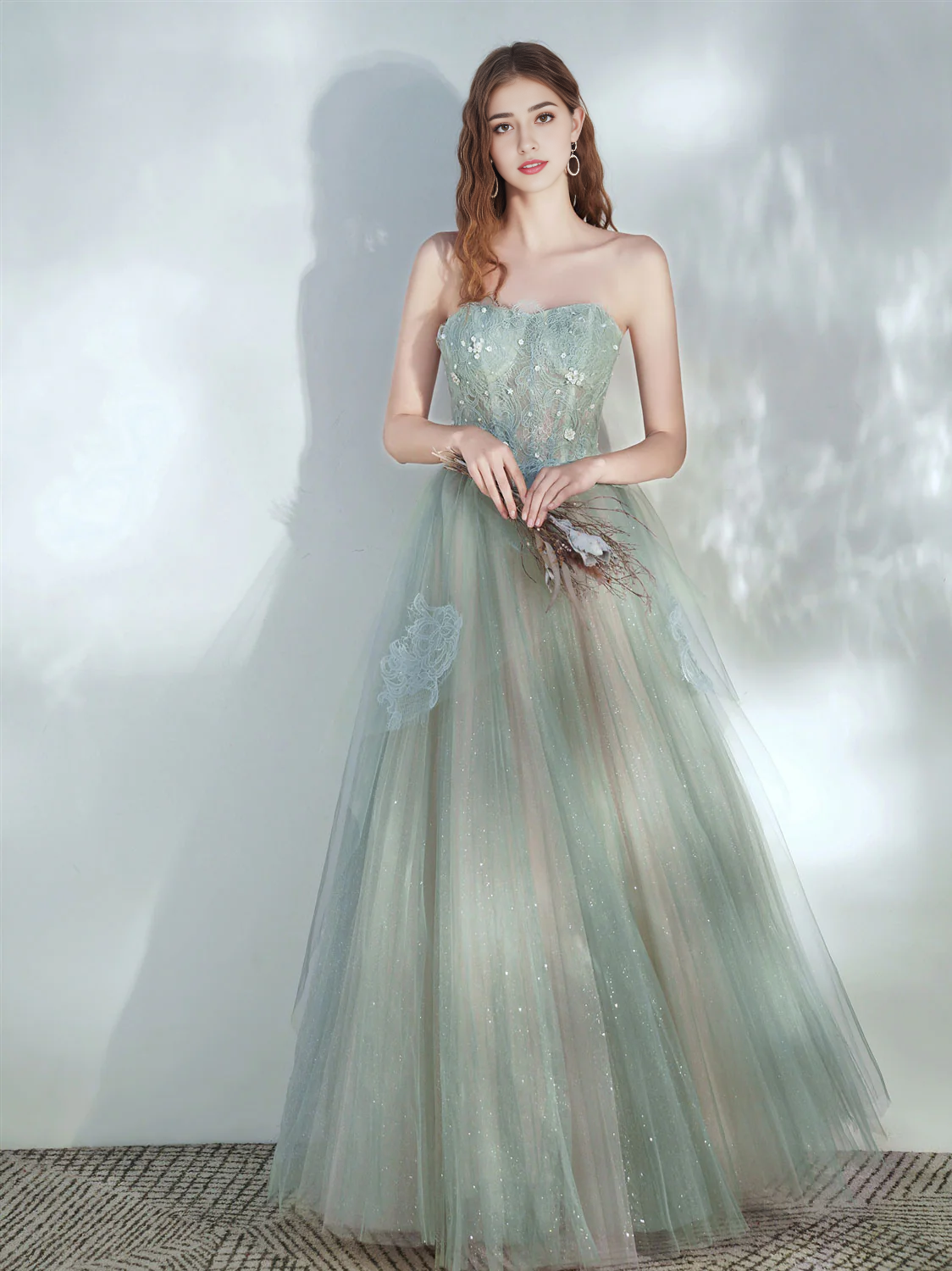 Strapless Tulle Lace Long Prom Dress With Applique