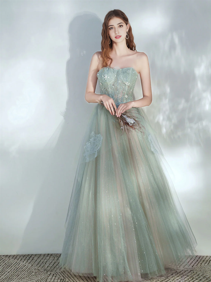 Strapless Tulle Lace Long Prom Dress With Applique