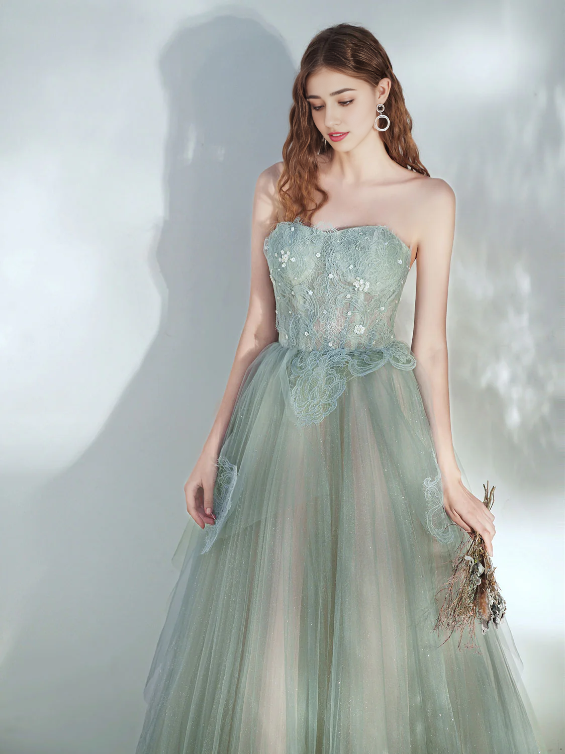 Strapless Tulle Lace Long Prom Dress With Applique