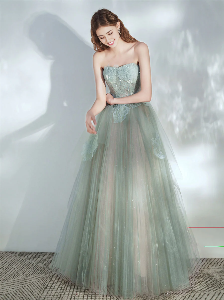 Strapless Tulle Lace Long Prom Dress With Applique