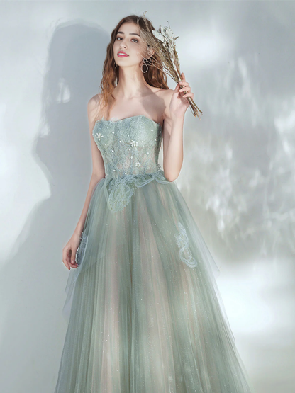 Strapless Tulle Lace Long Prom Dress With Applique