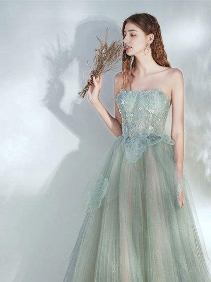 Strapless Tulle Lace Long Prom Dress With Applique