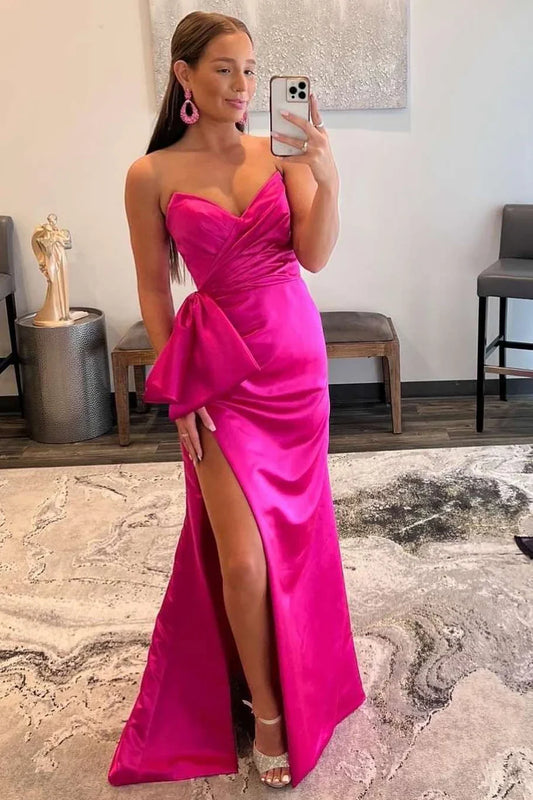 Satin Strapless Mermaid Slit Prom Dress with Big Bow