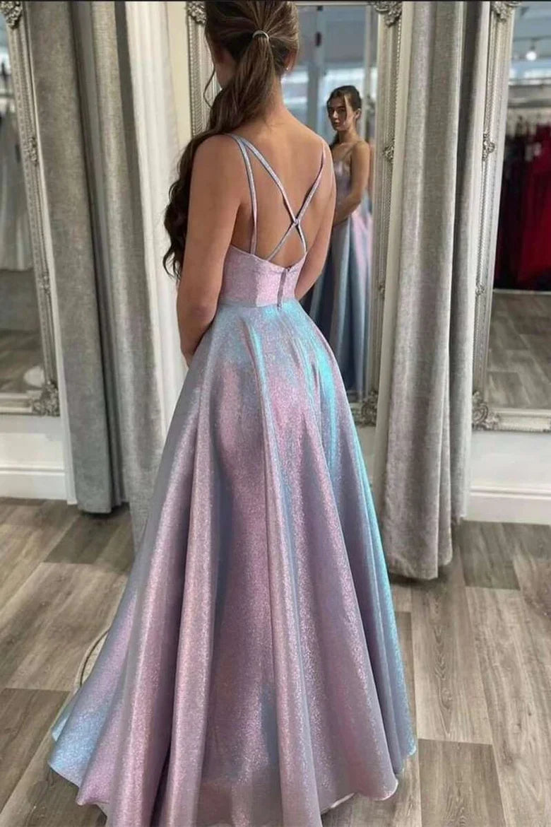 A-Line Rainbow Ray Multi Straps Cross Back Prom Dress