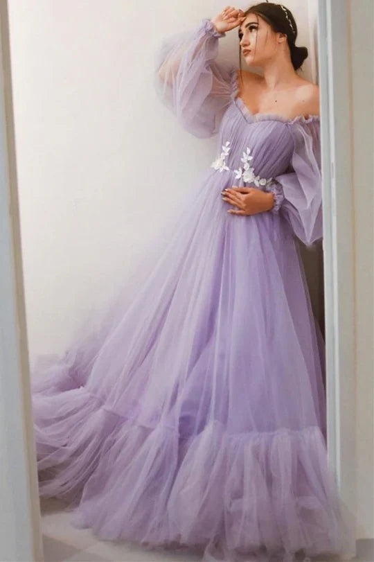 Ruffle Floor Length Long Sleeves A-line Off-the-Shoulder Tulle Prom Dress