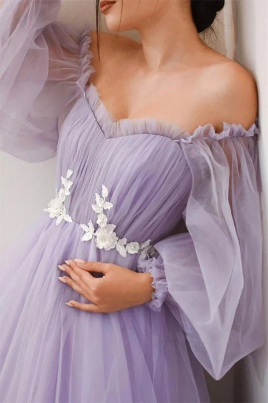 Ruffle Floor Length Long Sleeves A-line Off-the-Shoulder Tulle Prom Dress