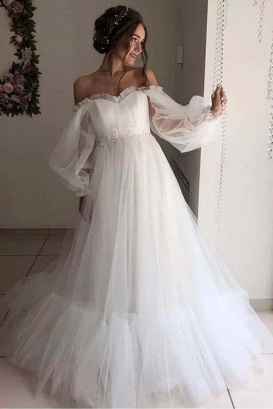 Ruffle Floor Length Long Sleeves A-line Off-the-Shoulder Tulle Prom Dress