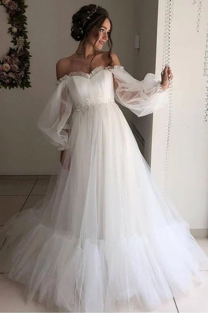 Ruffle Floor Length Long Sleeves A-line Off-the-Shoulder Tulle Prom Dress
