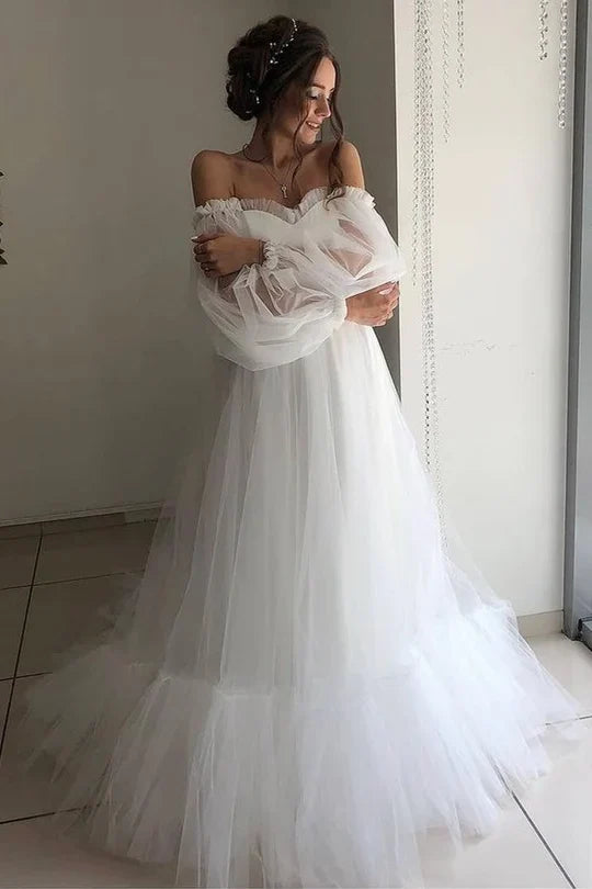 Ruffle Floor Length Long Sleeves A-line Off-the-Shoulder Tulle Prom Dress