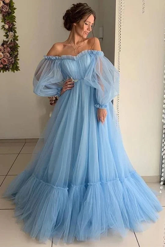 Ruffle Floor Length Long Sleeves A-line Off-the-Shoulder Tulle Prom Dress