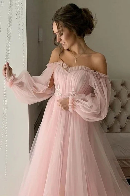 Ruffle Floor Length Long Sleeves A-line Off-the-Shoulder Tulle Prom Dress